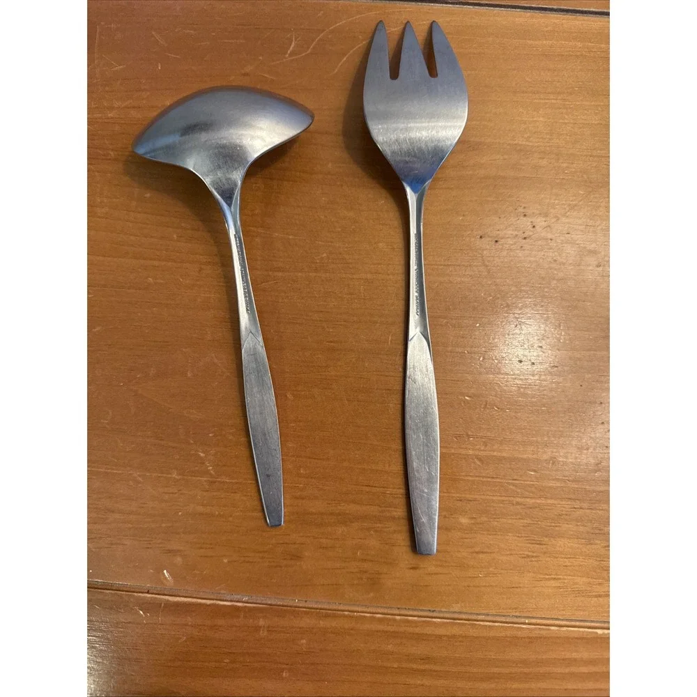 Vtg 60's SATURNA International Stainless Deluxe Serving Fork & Spoon Set 10
